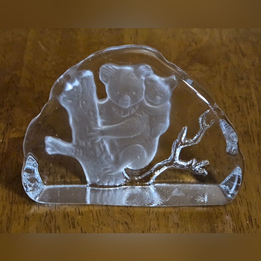 Vintage Crystal Etched Koala Bear w/Baby Tree 4" Long 3.25" High